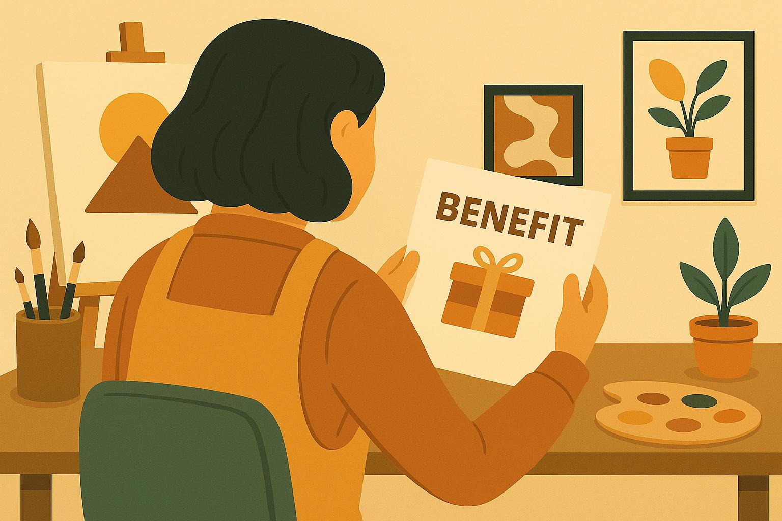 'BENEFIT' 카드와 함께 기뻐하는 여성