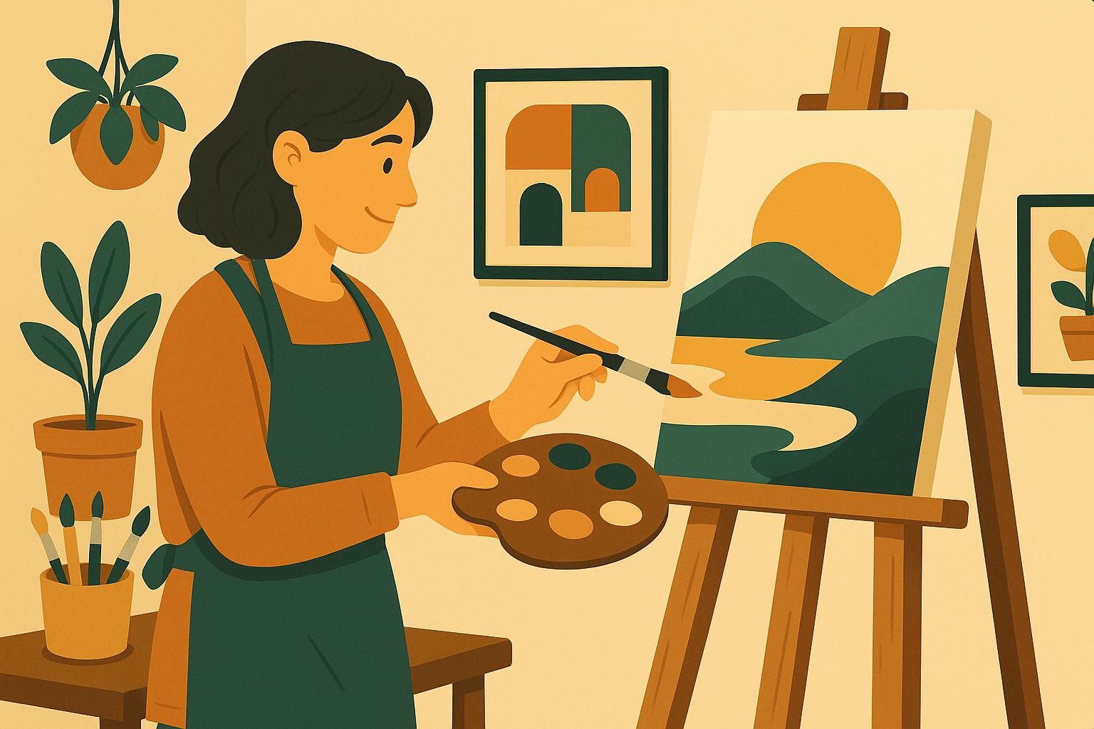 물감을 들고 창의적으로 작업하는 여성 작가