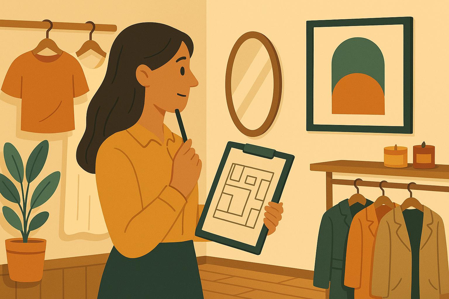 패션 매장 안에서 전시 플랜을 들여다보는 여성