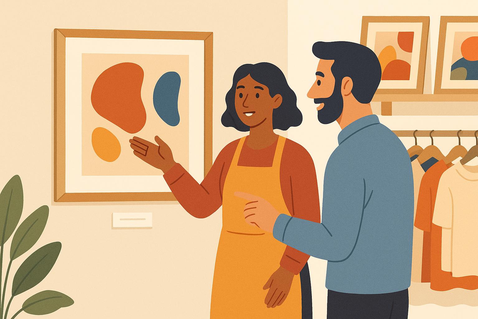 전시장 벽에서 전시 작품을 설명하는 남성과 여성