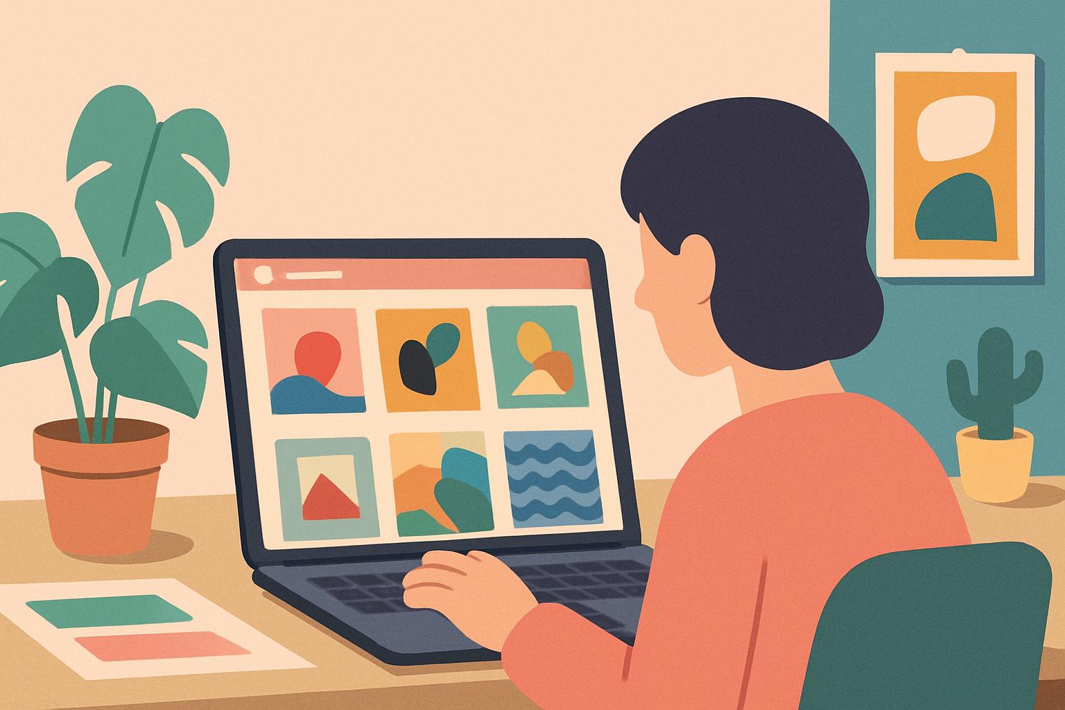 노트북으로 온라인 전시 작품을 분석하는 여성