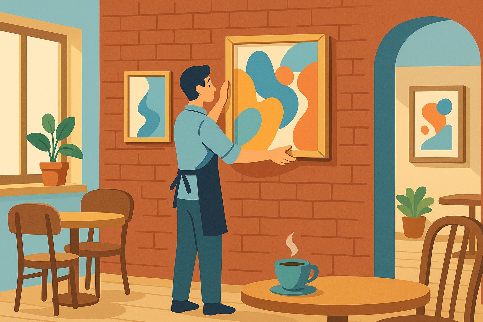 카페 벽에 아트워크를 설치하는 남성