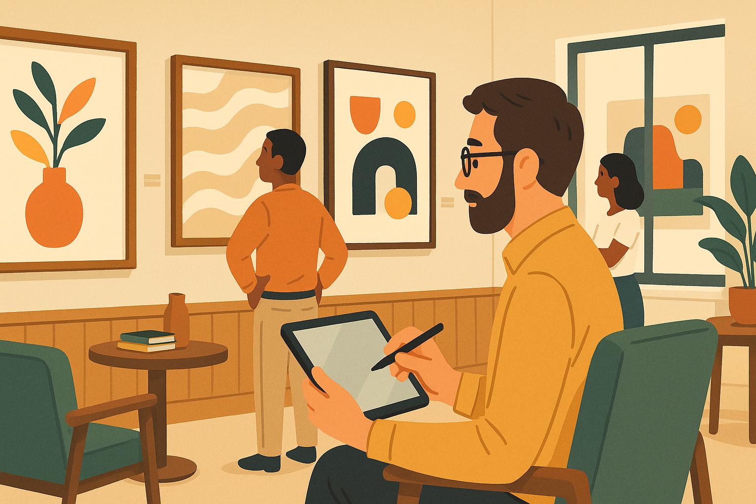 카페에서 태블릿으로 전시를 기획하는 남성