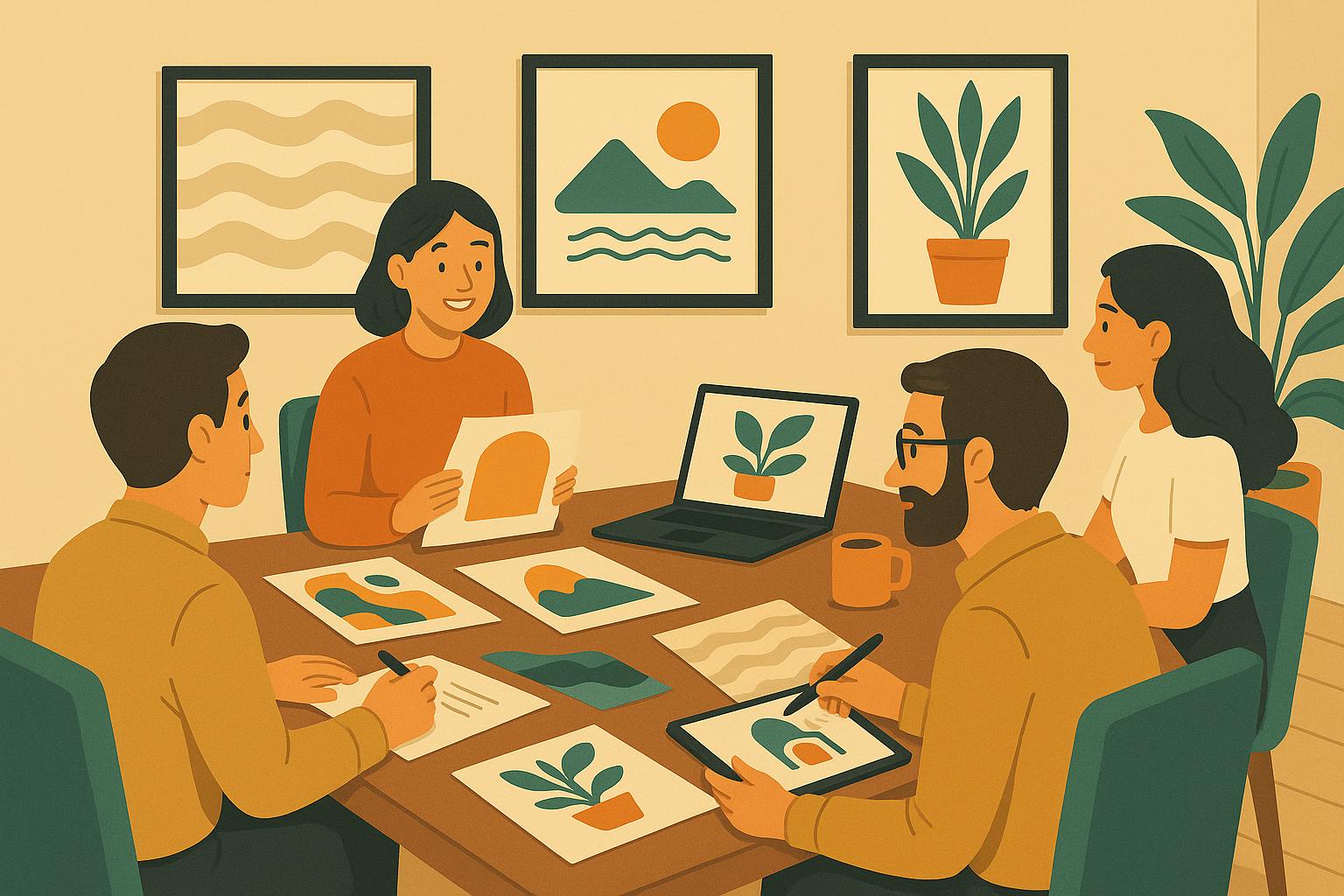 회의 테이블에 모여 전시 기획을 논의하는 사람들