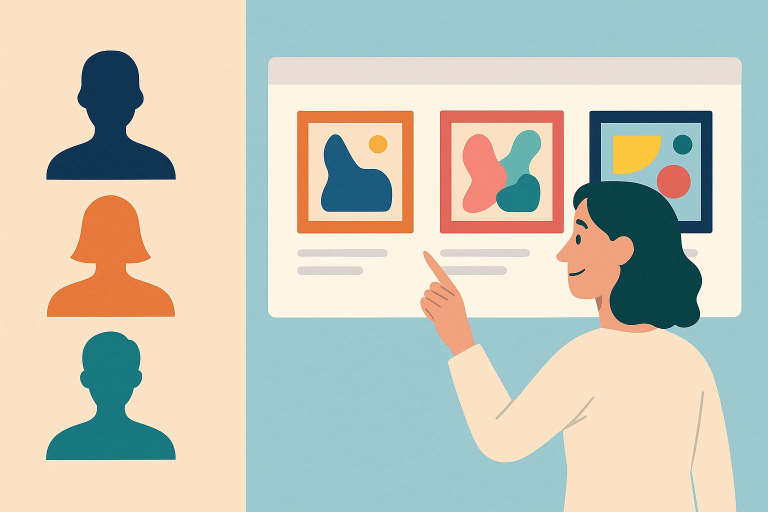 벽에 걸린 작품을 가리키며 설명하는 여성