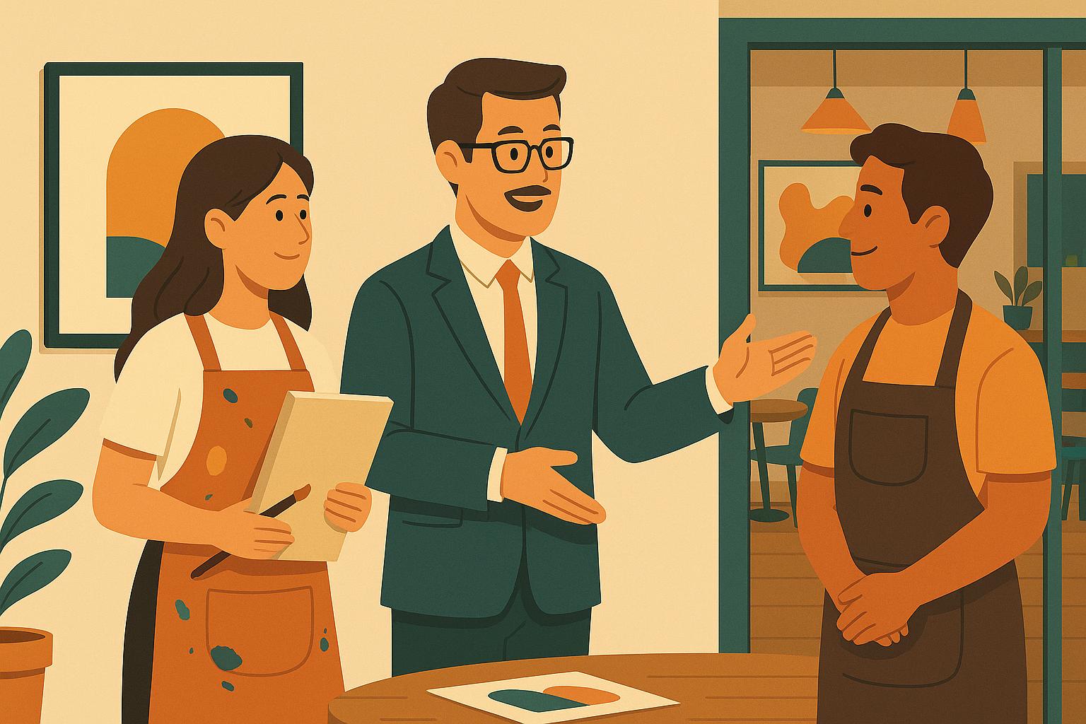 매장 관리자와 상담하는 남성과 여성