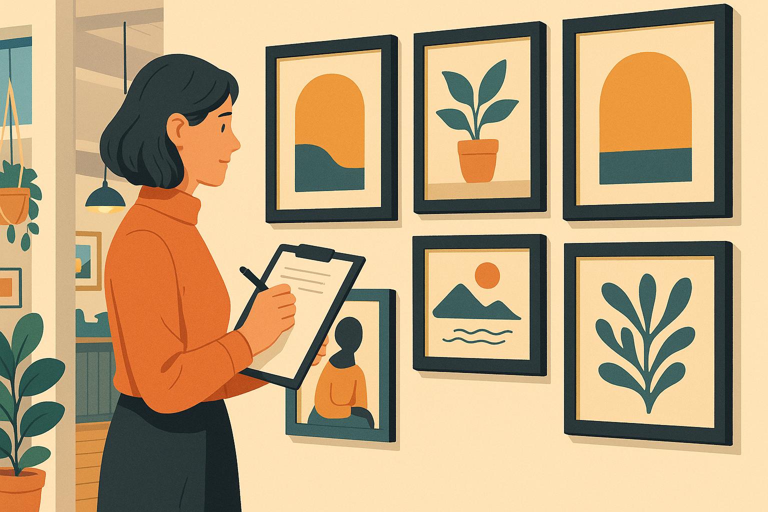 전시 벽에 걸린 다양한 그림을 체크리스트로 확인하는 여성