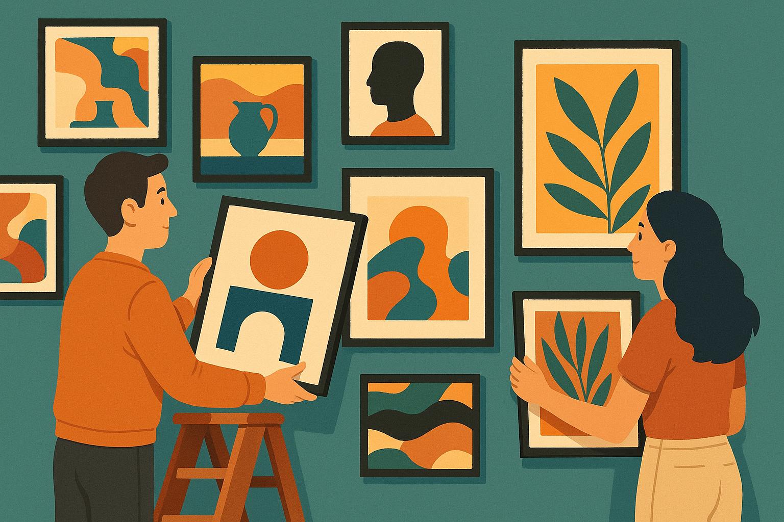 전시 설치 중 액자를 고르고 있는 커플