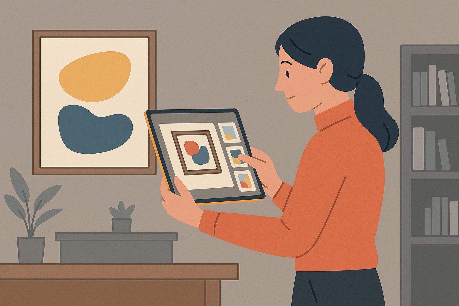 태블릿으로 전시 기획 작업을 하는 여성