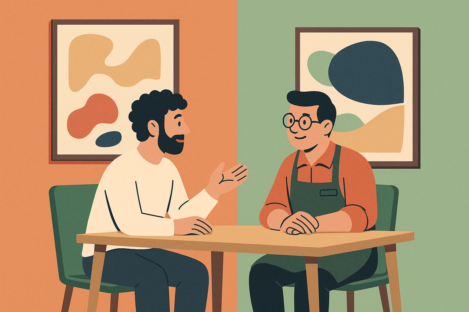 전시 작품을 앞에 두고 상담하는 두 사람