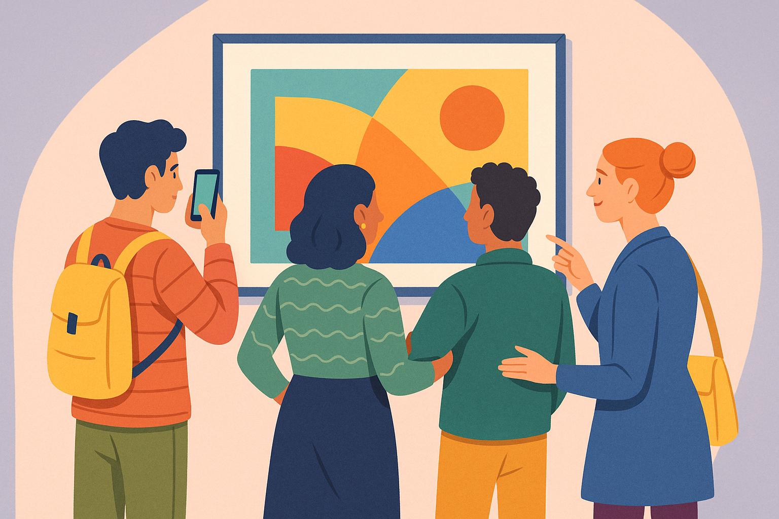 작품을 배경으로 사진을 찍는 그룹