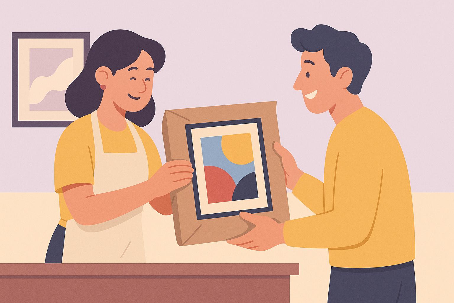 그림 액자를 건네받으며 대화하는 남성과 여성