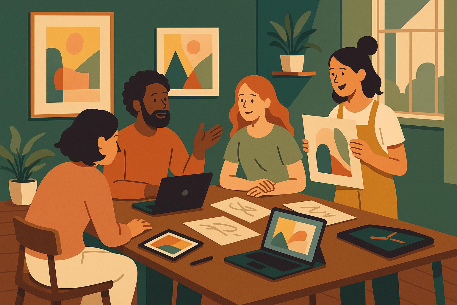 다양한 아트워크를 두고 팀 미팅을 하는 사람들