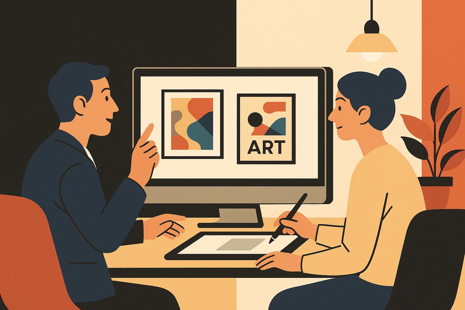 전시 작품과 'ART' 글자가 있는 화면을 함께 보는 남녀