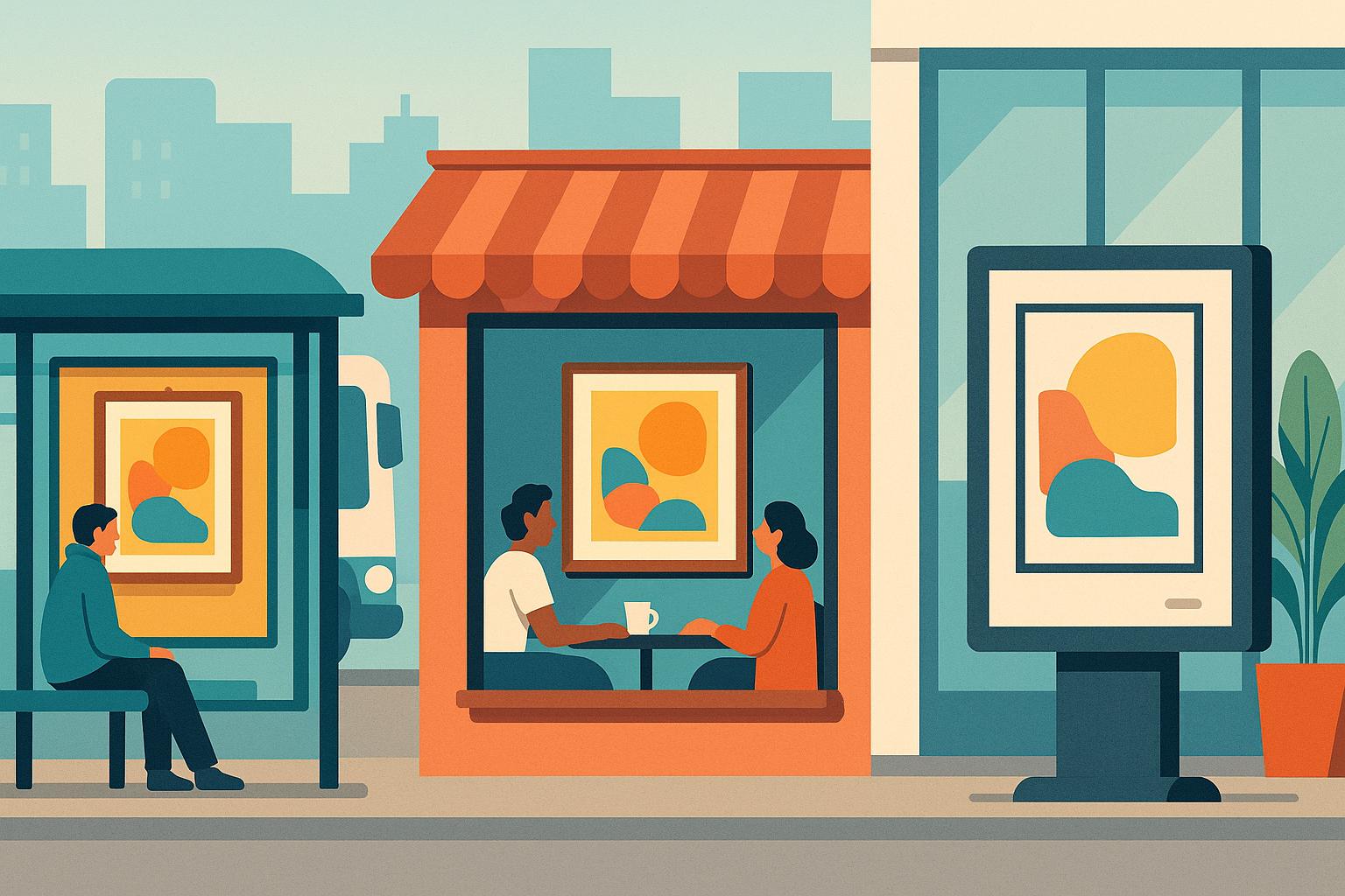 거리 매장 앞에 전시된 아트워크와 대화하는 사람들