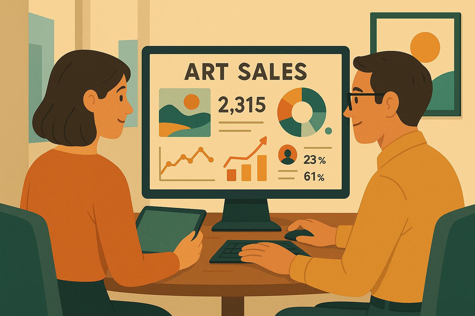 ART SALES 대시보드를 보며 회의하는 남성과 여성