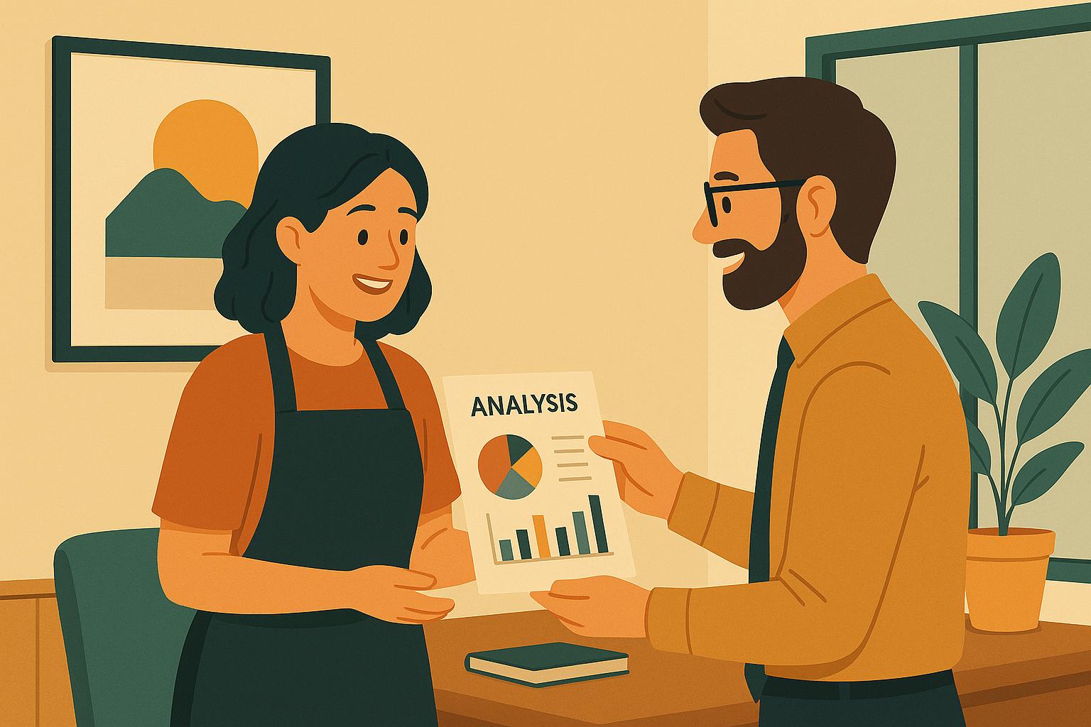 분석 리포트를 공유하는 남성과 여성