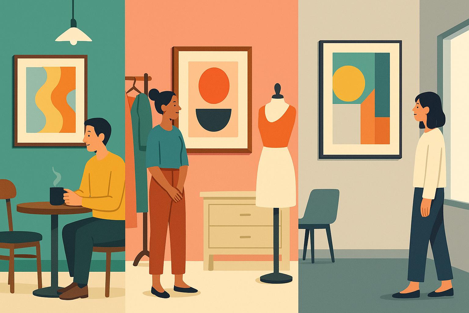 카페 테이블에서 전시를 논의하는 사람들