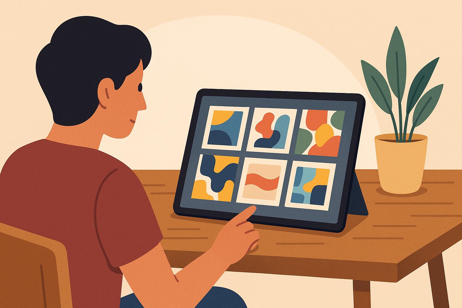 태블릿으로 온라인 작품을 탐색하는 남성