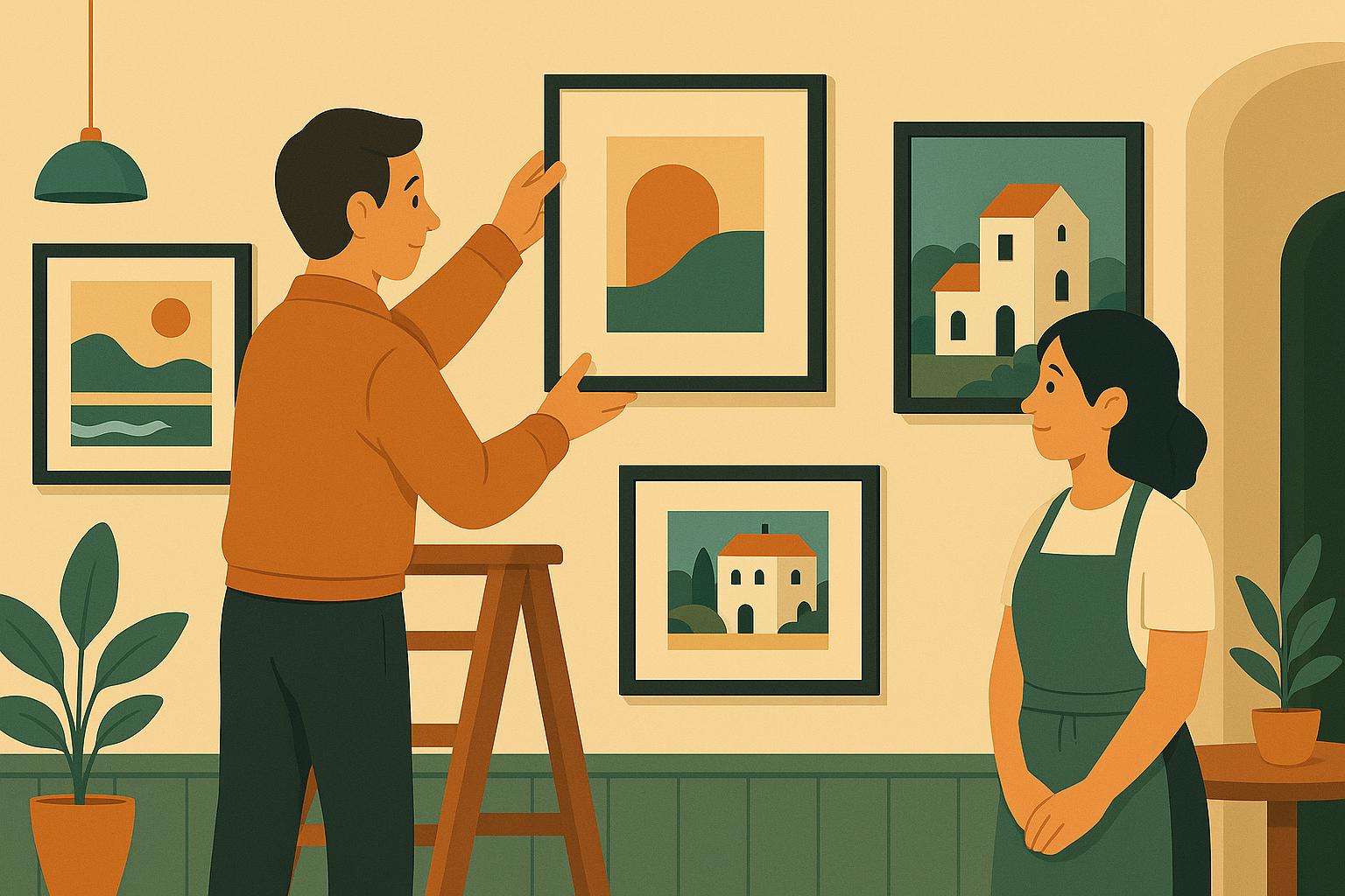 전시 벽을 설명하는 남성과 여성