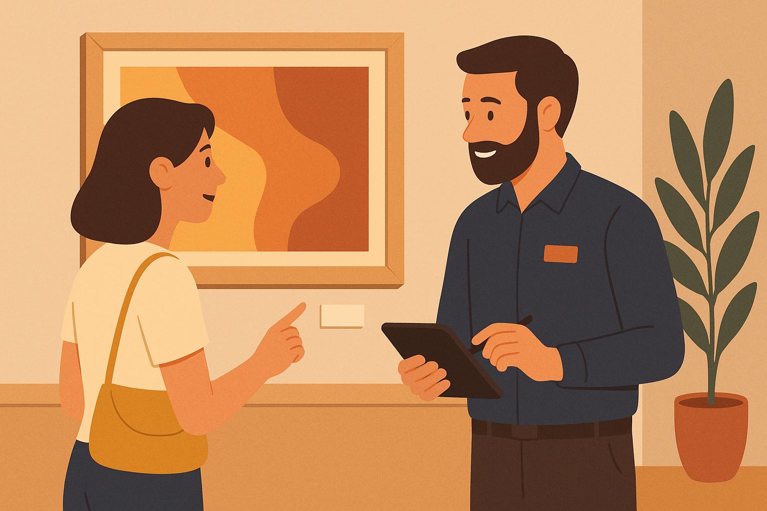 아트워크를 설명하는 매장 직원과 손님